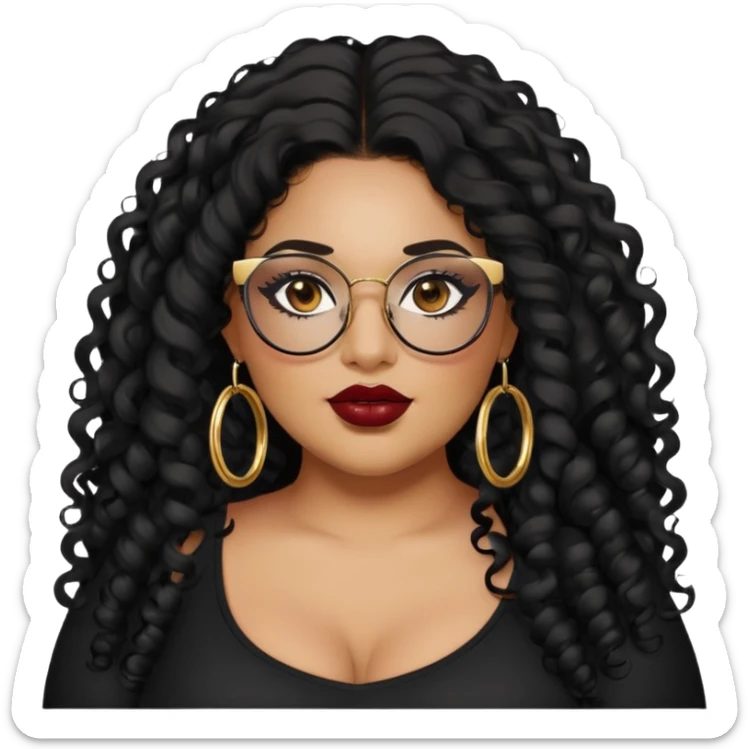 big plus size, latina, darker tan skin, gold hoops, long black curly hair, baddie,pretty, makeup, dark red lipgloss, black eyeliner, long hair, black top, black glasses sticker