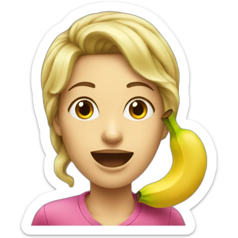 A large headshot of a woman eating a banana sticker