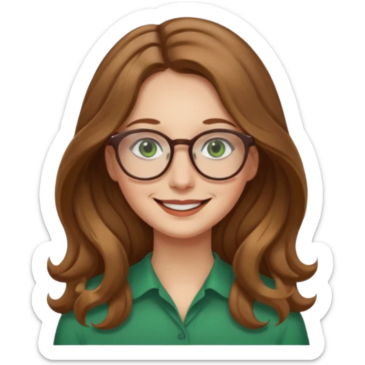 long wavy light brown hair woman with green eyes and glasses smiling closed mouth. middle part hair.  sticker