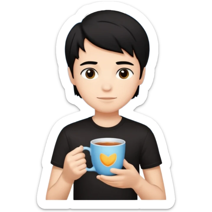 The boy teen have a black hair, and black T-shirt with a cup of tea. Sky blue background  sticker