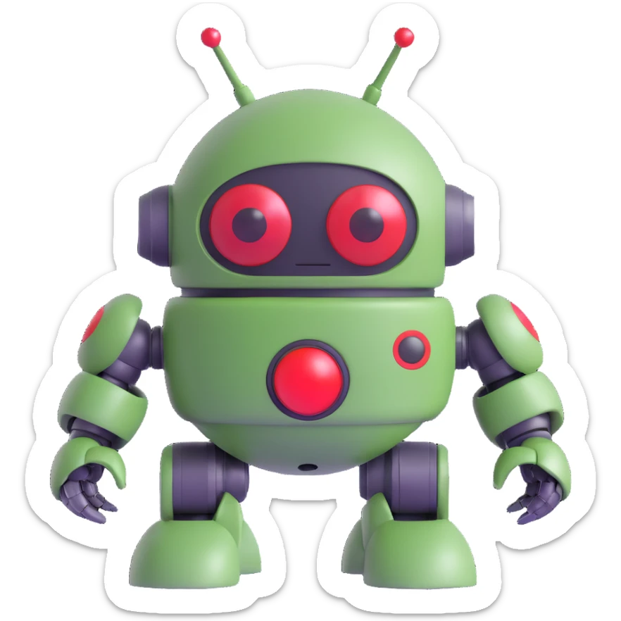 Zaku robot, 3D emoji style, green color, round shapes, single red eye, cute and simplified, no text sticker