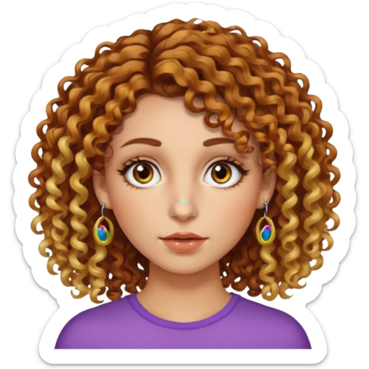 A woman with brown curly hair and blonde highlights side parted with hazel eyes with central heterochromia and a multicoloured nose ring sticker