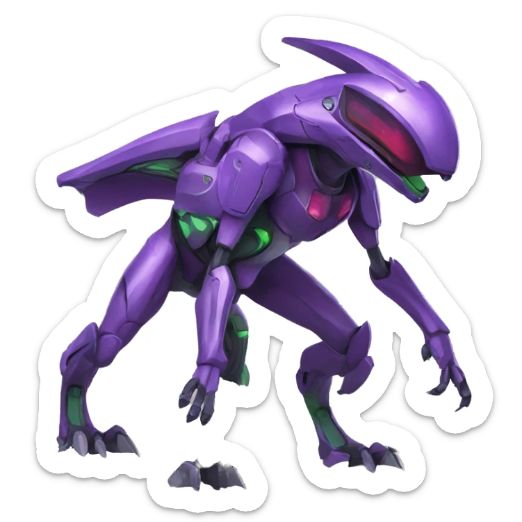 a purple-green Genesect-Raptor-Fakémon—hybrid with a futuristic visor-helmet full body sticker