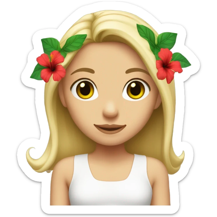 Blonde haired girl with green eyes one red hibiscus flower in her hair wearing a white top sticker