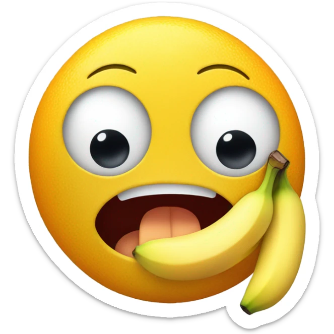 Emoji yellow face eating a banana with mouth and eyes open and two small oranges just under the banana sticker
