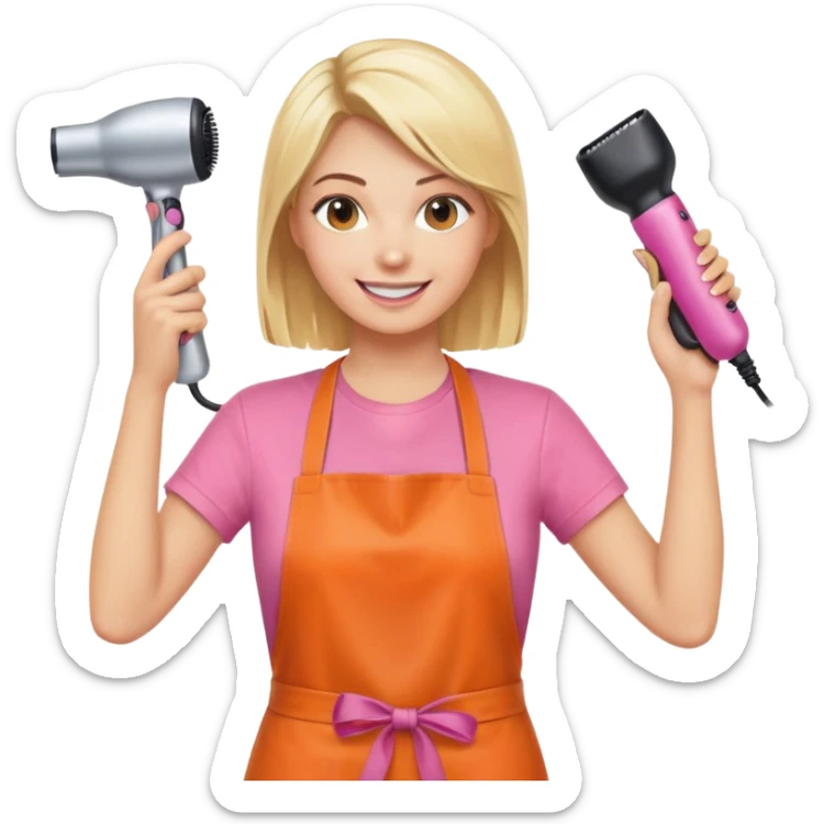 smiling blonde woman hairstylist wearing pink t-shirt and orange apron, hands raised, holding scissors and hairdryer clearly visible sticker