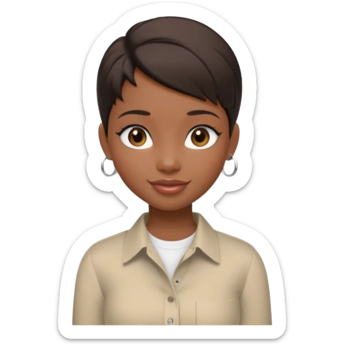 generate a pretty bratz girl with dark brown eyes. Dark brown hair straight short hair. tight beige button up shirt with top shirt open.  airpods in ear sticker