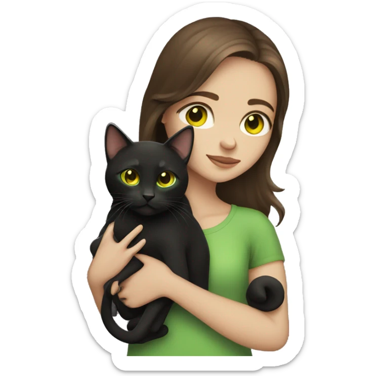 girl with brown hair with green eyes holding a black cat with yellow eyes sticker