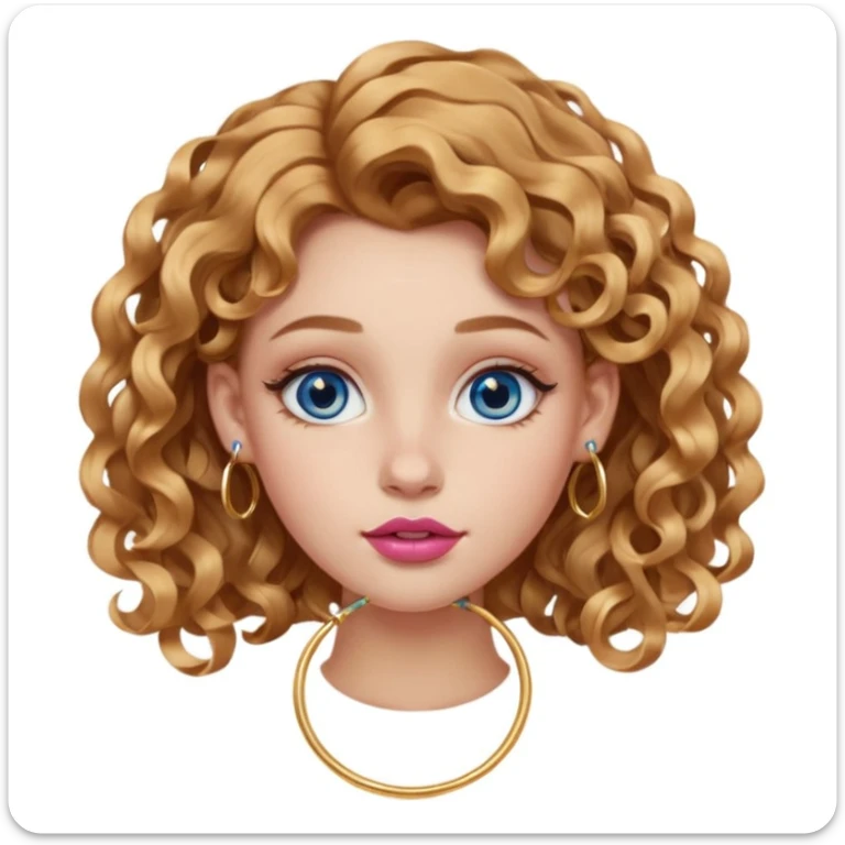 girl with light brown honey wavy hair (subtle side part and 2b curls). blue eyes. one golden nostril piercing (hoop). 6 golden hoop earrings. one golden hoop helix piercing. pink big lips.  sticker