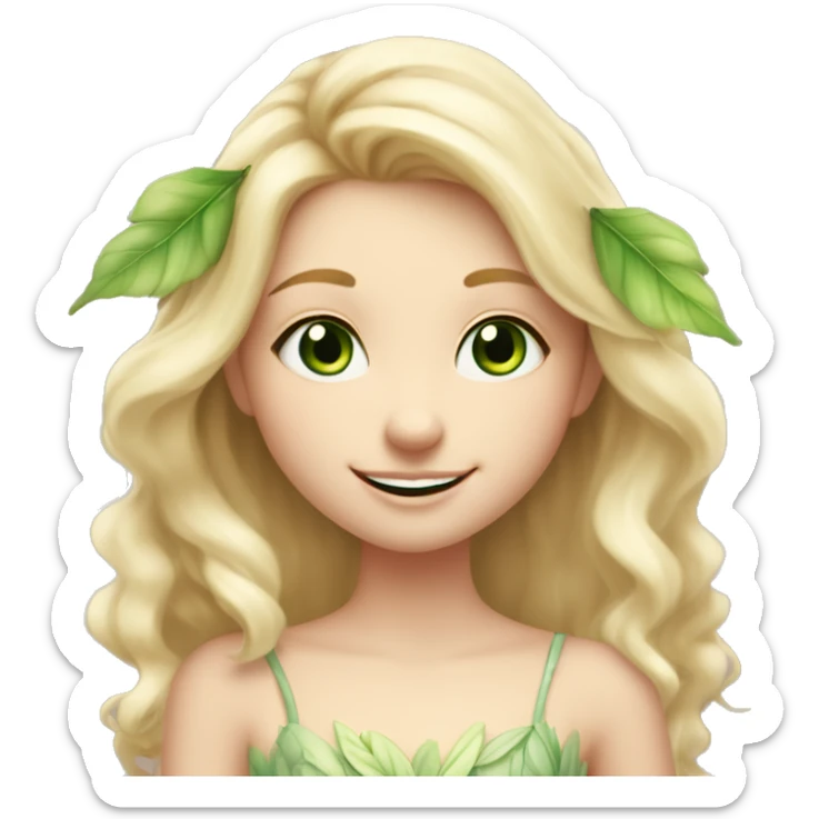 Blonde fairy girl, wearing beautiful leaf dress, very light and whimsical colours, smiling gently with green eyes and soft caucasian skin and pink lips, smiling sticker