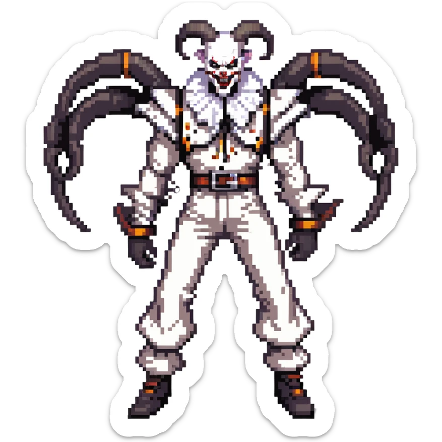 full-body muscular demonic clown in a black and white leisure suit with bellbottom pants, bald, with black ram horns, flashy black and white belt, ruffled white shirt, no neck tie, large fangs, holding a very large futuristic rifle sticker