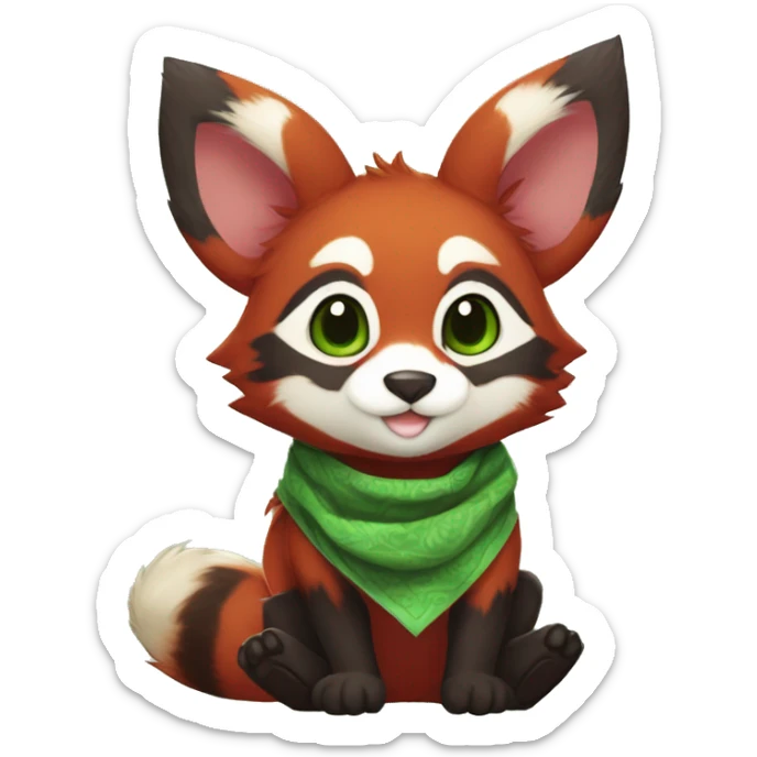 Cute, Chibi, Kemono-style, Anthro, Fur-Sona, Dark-Red, RedPanda-Mouse-hybrid-Fakémon, with a green bandana, full body sticker