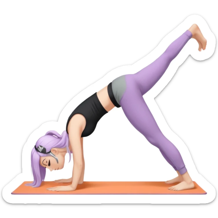 Девушка белокожая в позе собака мордой вниз, с длинными светло-лиловыми волосами, в черном топе, в серых спортивных штанах, с черными ресницами sticker