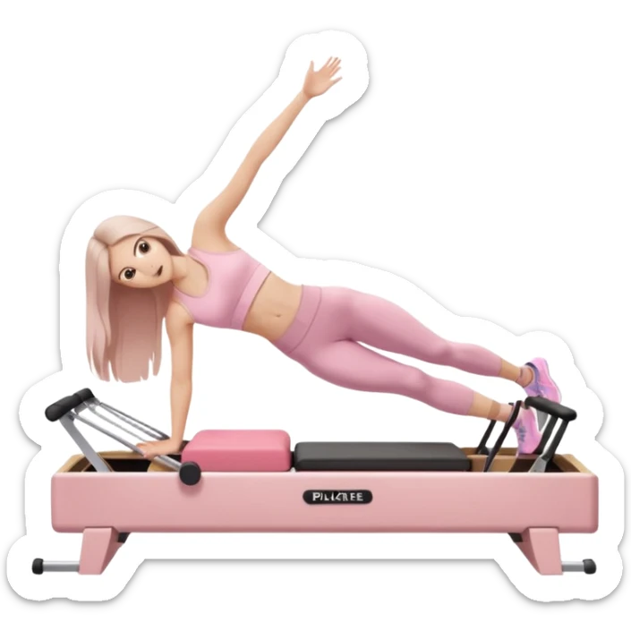 pretty white brunette teen long hair with hazel eyes and a small waist in light pink workout clothes in a plank on a pilates reformer sticker