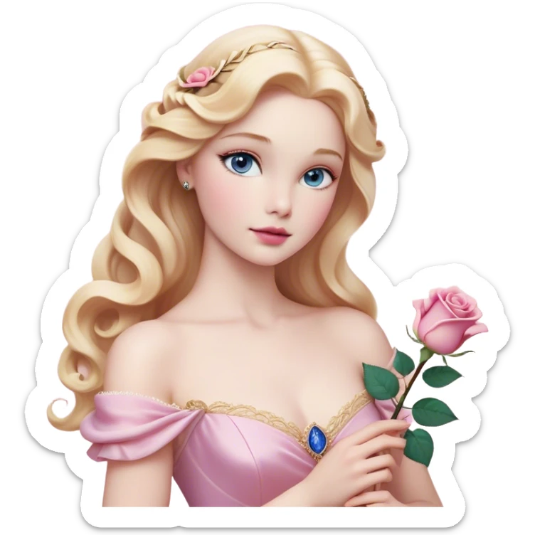 Cinematic Realistic Sleeping Beauty (Aurora) Portrait, with porcelain-like skin featuring a natural rosy flush, illuminated by soft lighting that highlights the gentle contours of her face. Her golden blonde hair flows in soft, detailed waves with subtle highlights that shimmer in the light. Her deep violet-blue eyes radiate warmth and innocence, framed by arched brows and long lashes. With a soft, serene smile, she holds a delicate rose gently in one hand, her other hand resting lightly by her side. She is dressed in her classic pink gown, the fabric rich in texture with delicate folds that catch the light. A golden crown rests atop her head, gleaming with royal refinement. The portrait captures a soft, glowing aura, blending realism with an ethereal sense of beauty and timeless enchantment. sticker