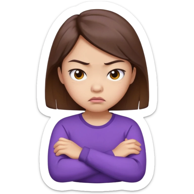 Angry Pouty girl with small asian eyes folding arms in a purple longsleeve shirt she has fair skin and brown hair sticker