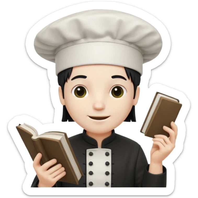 ["A happy man with pale skin, straight hair, wearing a chef hat and no glasses, dressed in goth fashion, is reading a book while holding a camera."] sticker