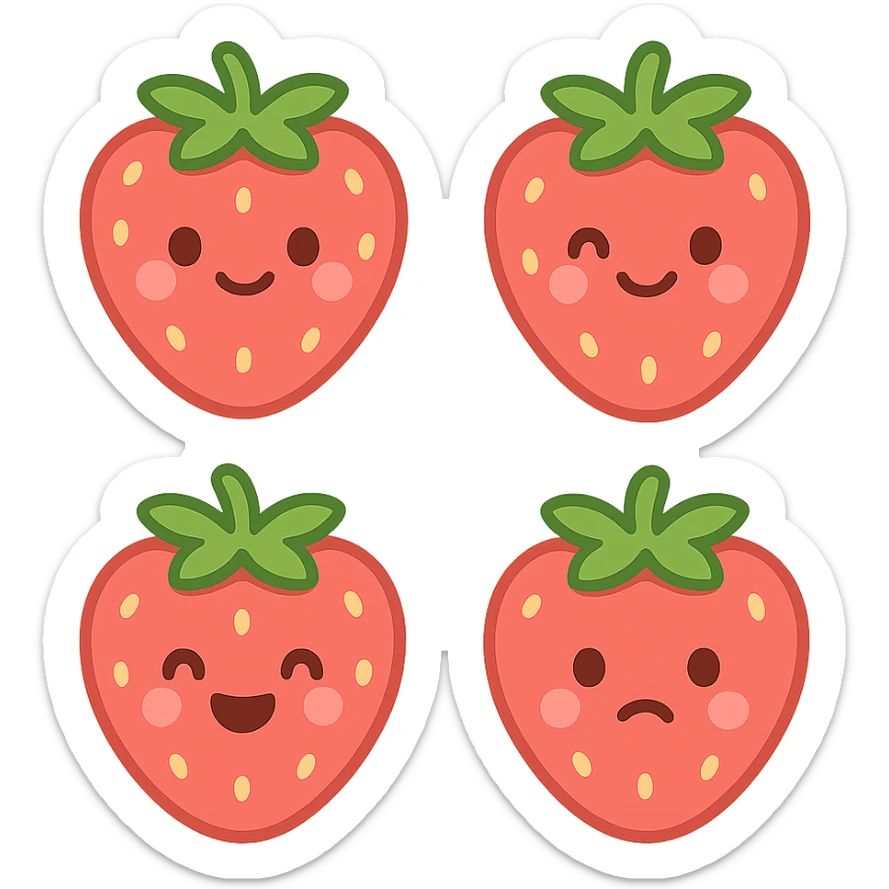 A series of illustrations stawberry in a kawaii emoji style, with detailed shading and highlights, thin clean outlines, soft and rounded features. Pastel color palette using  #FF5B5B, #CE4C4C,#CE4C4CThe style is inspired by modern Japanese pop art and sticker aesthetics. Highly detailed, vector clarity, soft lighting and subtle shadows. Transparent background without background. sticker