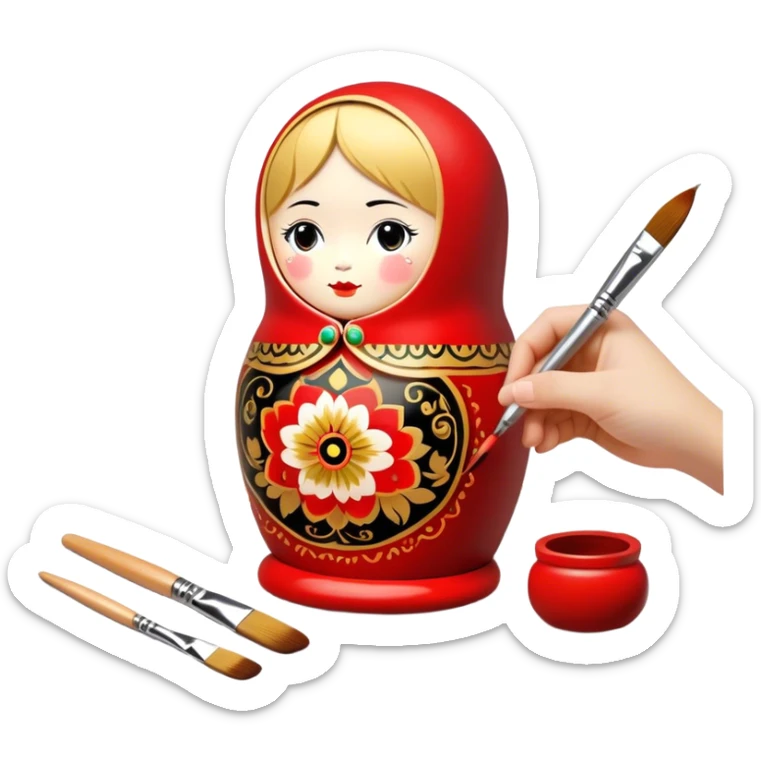 Wooden doll painting icon, traditional Russian Matryoshka doll being painted with intricate Palekh or Khokhloma designs, visible paintbrush, vibrant red, gold, and black colors, unfinished doll with detailed patterns in progress, minimalistic style, clean lines, transparent background. sticker