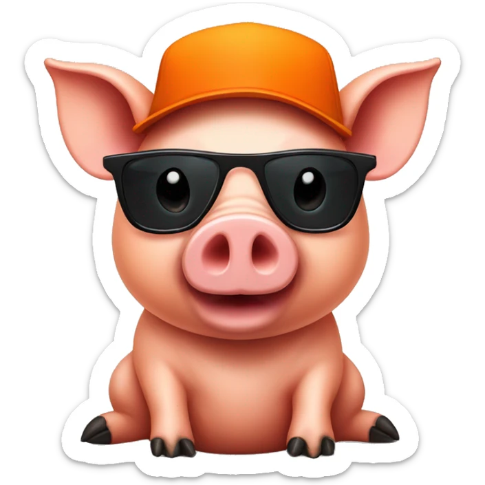 Funny pig with black sunglasses and orange t-shirt and orange hat sticker
