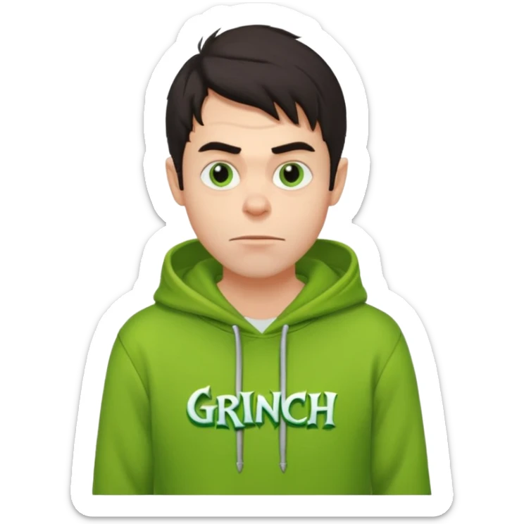 Create an avatar of white Europeanwith dark hair  male in hoodie with ``BST`` letters on it. Make background to look like from movie Grinch sticker