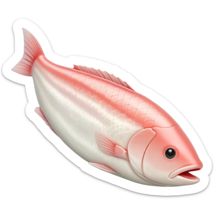 raw white fish fillet, boneless skinless, smooth curved, pale ivory to pinkish-white, subtle sheen, fine grain, fresh moist, flat or gently folded, no plate herbs background or faces, clean 3D, soft shadows, transparent background, emoji scale sticker