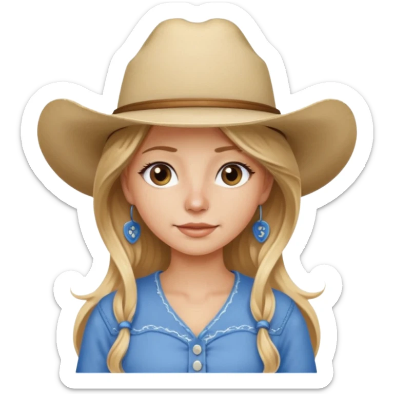 Make a girl with long brownish blonde hair, wearing a white cowboy hat with a button nose and wearing a blue V-neck with spaghetti straps sticker