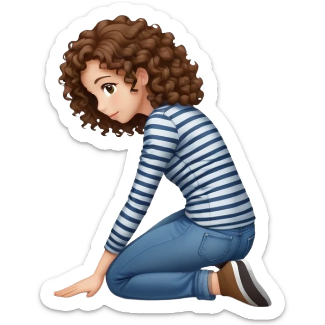 girl with curly hair in jeans and striped shirt kneeling on the ground seen from behind sticker