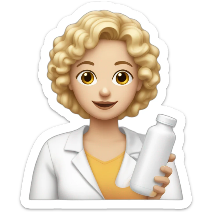 mom with hazel eyes, blond semi curly hair,  holding a white pill bottle in hand sticker