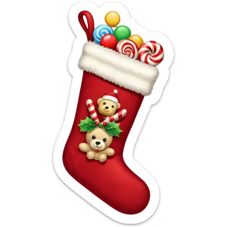 A cozy old-timey Christmas stocking full of vintage toys and candy sticker