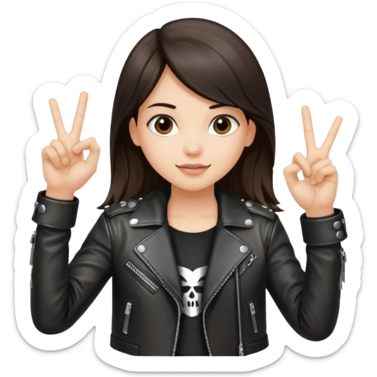 Fair skin long dark brown hair wearing a leather metal jacket girl doing the Rock n roll sign holding a large blank sign sticker