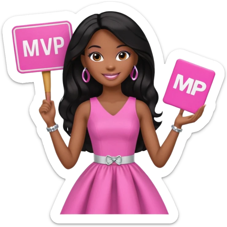 Black barbie, long black  hair, pink dress holding mvp sign  sticker