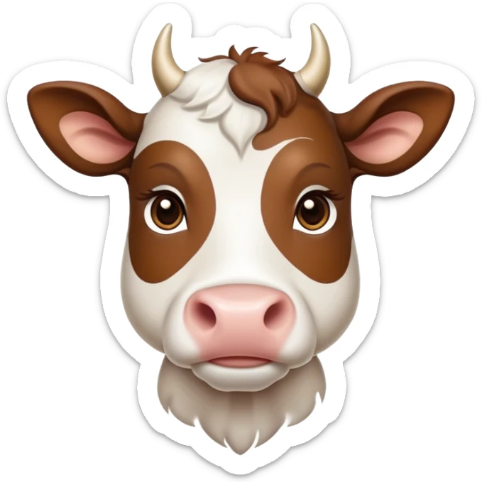 cinematic-noble-brown-and-white-cow calf-portrait-emoji,-poised-and-regal,-with-a-large,-sturdy-build-and-a-beautifully-patterned-hide-of-rich-brown-accented-by-crisp-white-patches,-deep-set-soulful-brown-eyes,-simplified-yet-sharp-and-sophisticated sticker