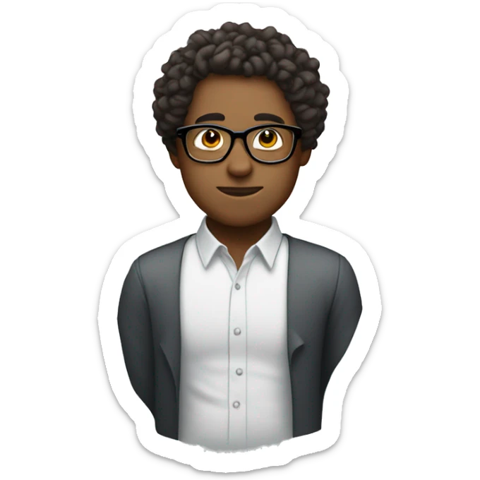 a person wearing glasses, with a bland, low-key haircut with curly hair, showing off something sticker