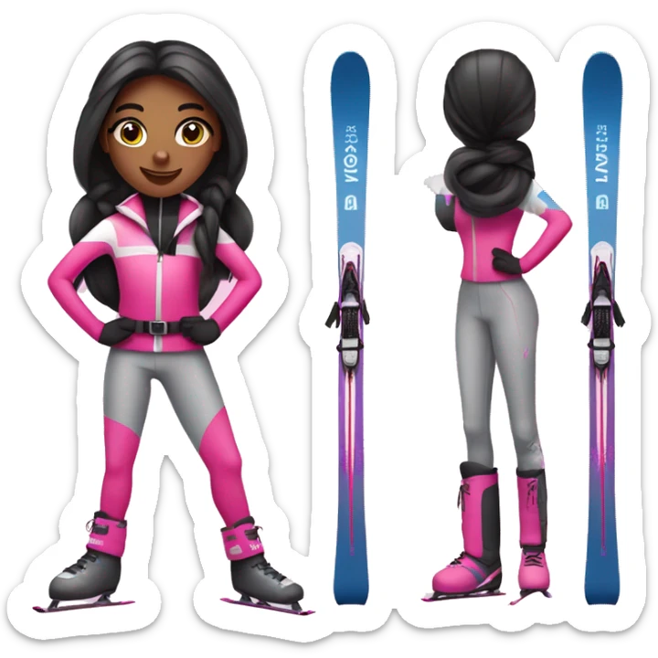 Black Skier girl with long black hair in pony tail, black eyes and pink gear show skis and legs  sticker