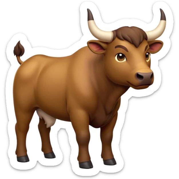 cinematic-[brown bull]-realistic-full-body-standing-emoji,-tail-flicking-lazily,-head-tilted-dramatically,-sleek-[brown]-fur,-simplified-yet-realistic-focused-features,-highly-detailed,-glowing-with-an-almost-sarcastic-glow sticker