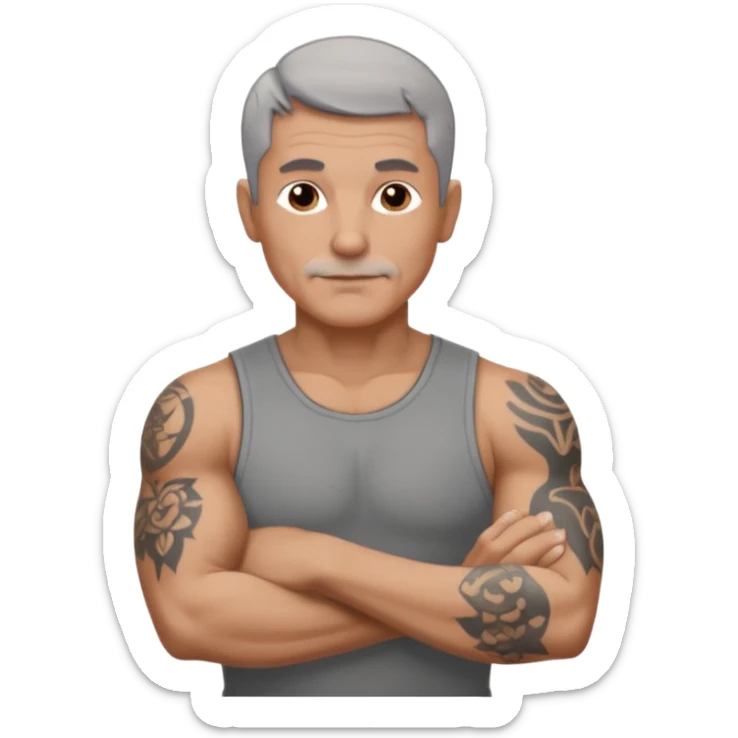 un homme de 50 ans, cheveux court gris, musclé avec le bras droit tatoué sticker