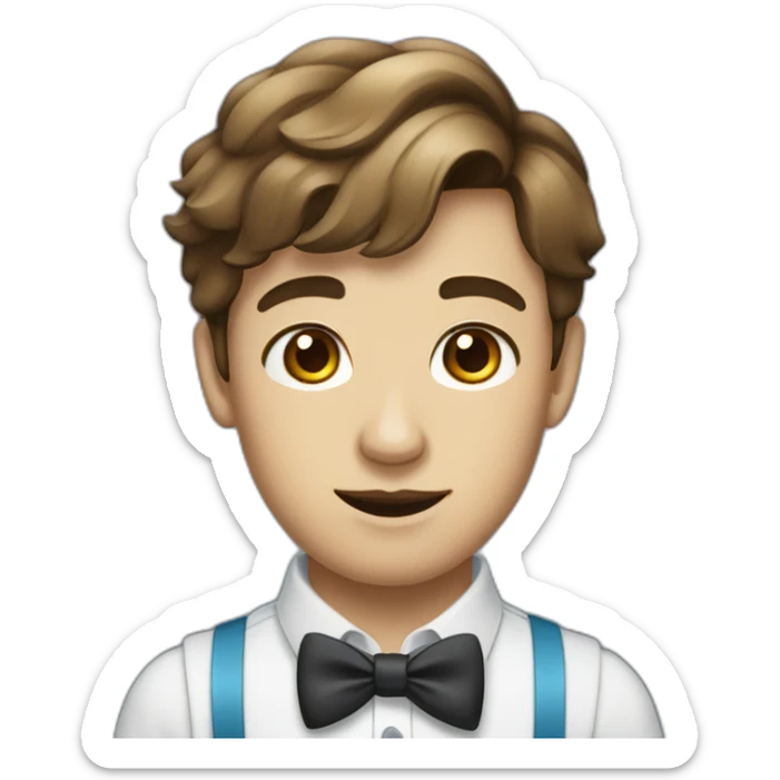 A young male tennager with a round face and very short brown hair and a mole on chin wearing a blue bow tie sticker