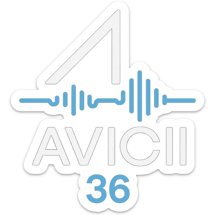 minimalist logo of Avicii age 36 with clean lines, electronic music theme sticker