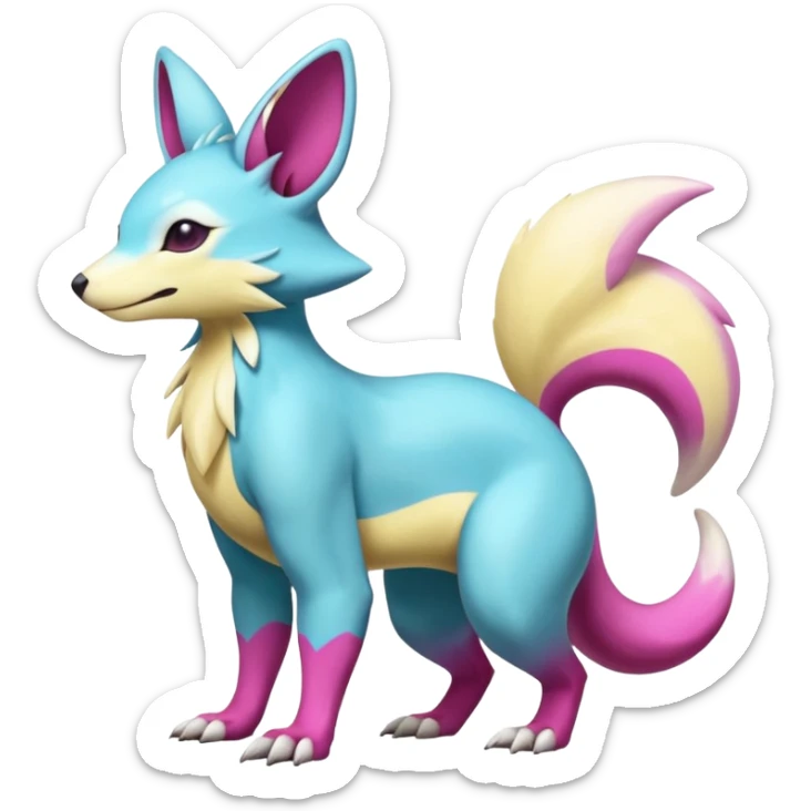realistic Shiny smooth silky soft Cyan-Yellowish-Magenta Minccino-Zeraora-Emolga-Vernid-Sergal-fusion-hybrid-animal-creature, full body sticker