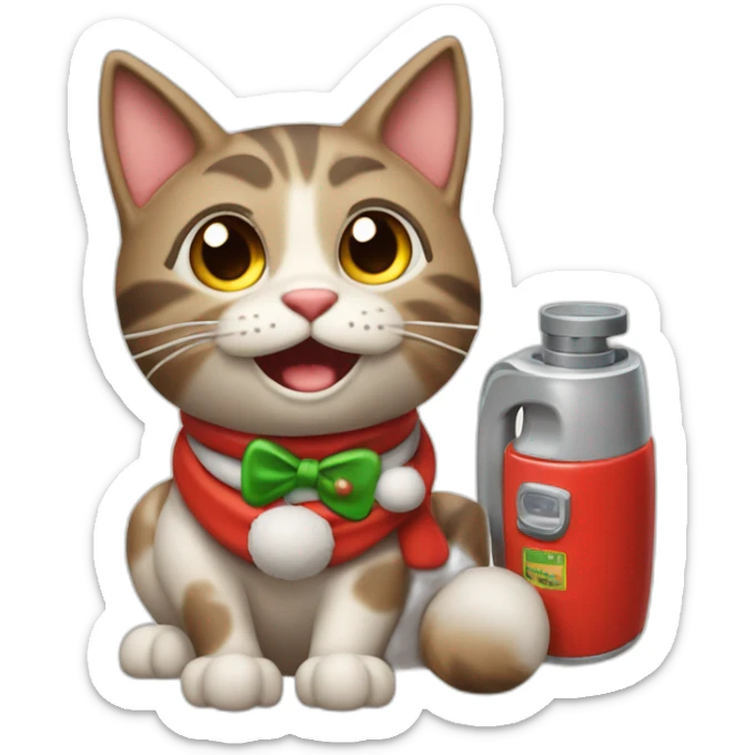 Gato disfrasado de santa claus, gordo y feliz, cargando gasolina sticker