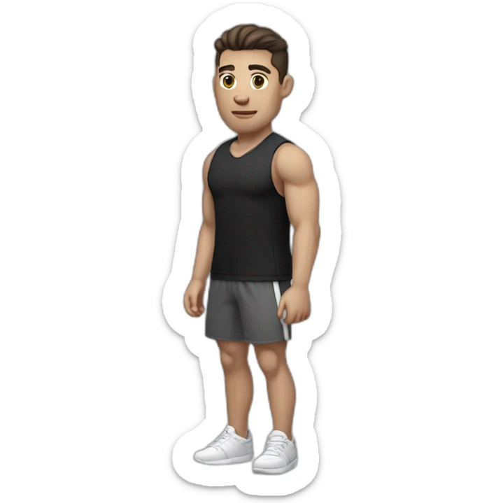 Pale skinned Fit Man With the biceps and dark brown hair in black shirt, gray sports shorts and white Sneakers sticker