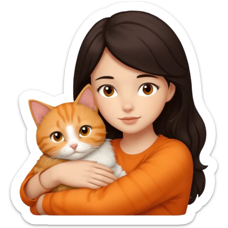dark-black-brown-hair-to-shoulder girl with brown eyes snuggled with orange tabby cat sticker