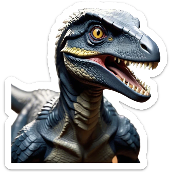 Cinematic Noble jurassic park Velociraptor Portrait Emoji, Poised and menacing, with a sleek, muscular build clad in dark, scaly skin reminiscent of jurassic park Park’s iconic raptor, a sharply curved snout and piercing, intelligent eyes that exude predatory cunning, Simplified yet boldly defined features, highly detailed, glowing with a cool, ominous radiance, high shine, intelligent and relentless, stylized with an air of cinematic prehistoric authority, focused and alert, soft glowing outline, capturing the essence of a watchful and confident jurassic park Velociraptor that appears ready to dash out of the screen with effortless power! sticker