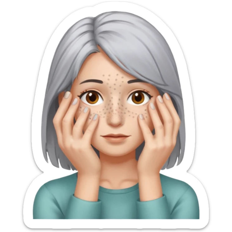 woman with gray hair and 1 palm of hand covering face sticker