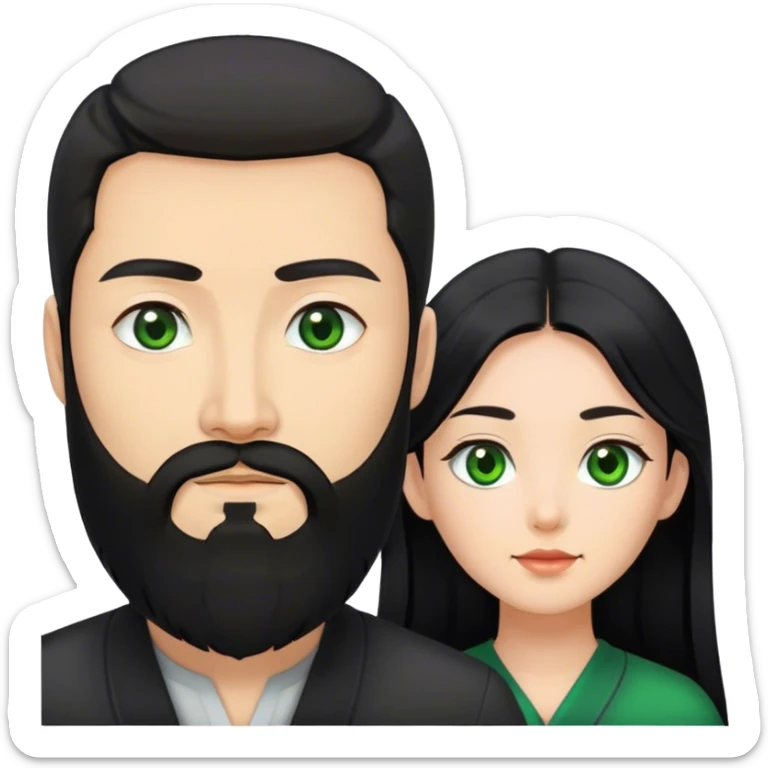 Asian woman with black long hair and European guy with black beard and green eyes  sticker