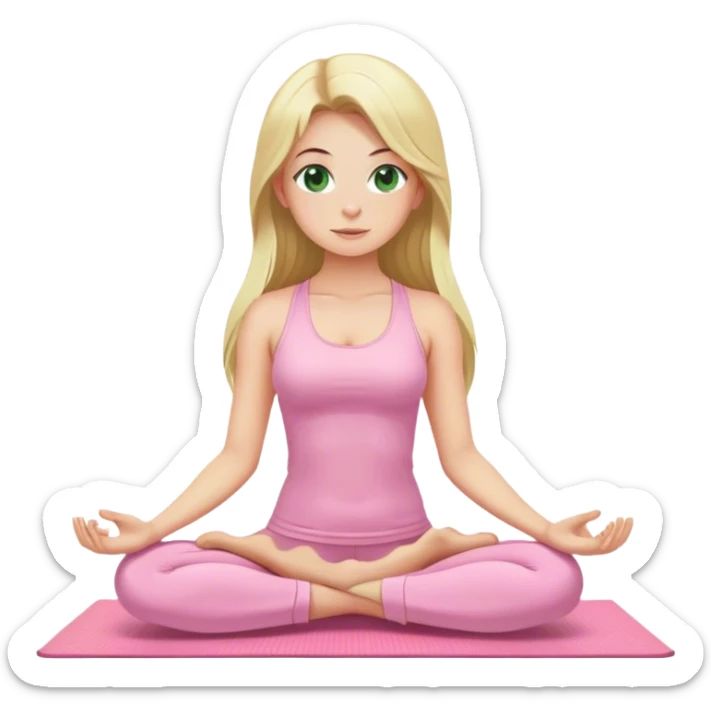 blonde long hair and green eyes yoga girl in light pink clothes sitting on a yoga mat sticker