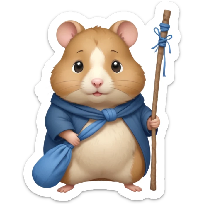 Cute fat cartoon-style hamster, standing upright like a traveler, carrying a stick with a tied blue cloth bundle (bindle) over its shoulder. Painted in a soft, hand-drawn style with light shading, expressive big eyes, and a slightly whimsical, melancholy expression. sticker