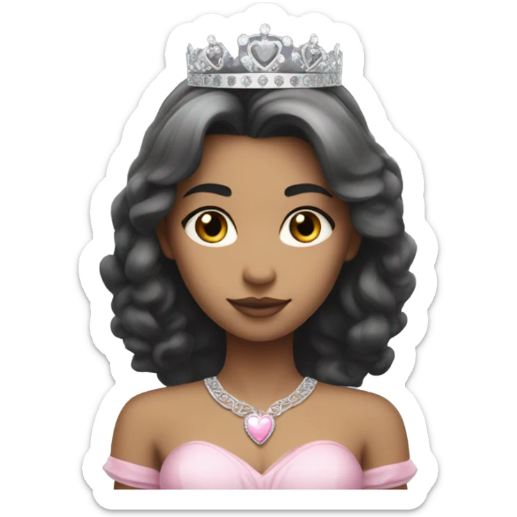 Princess with halo with light skin tone with long black hair with bang with silver pink heart tiara and pink dress sticker