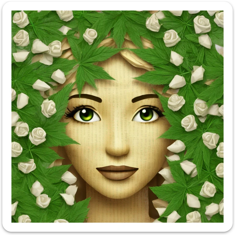  Photograph of Hemp 420 lady face made of 420 origami newspaper roses hemp leaves lantern fairy lights burning paper and hemp leaves in hair  sticker